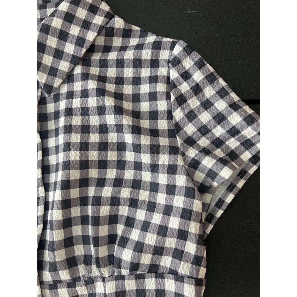 Sold*Black White Gingham Button Front Mini Dress Short Sleeve Smocked Med 1009 - Picture 6 of 10